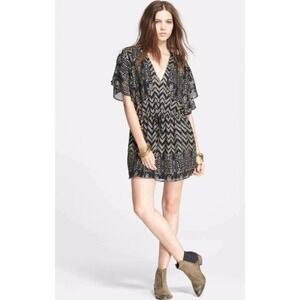 Free People Black Gold Metallic Chevron Print VNeck Mini Dress Large BohoFlutter